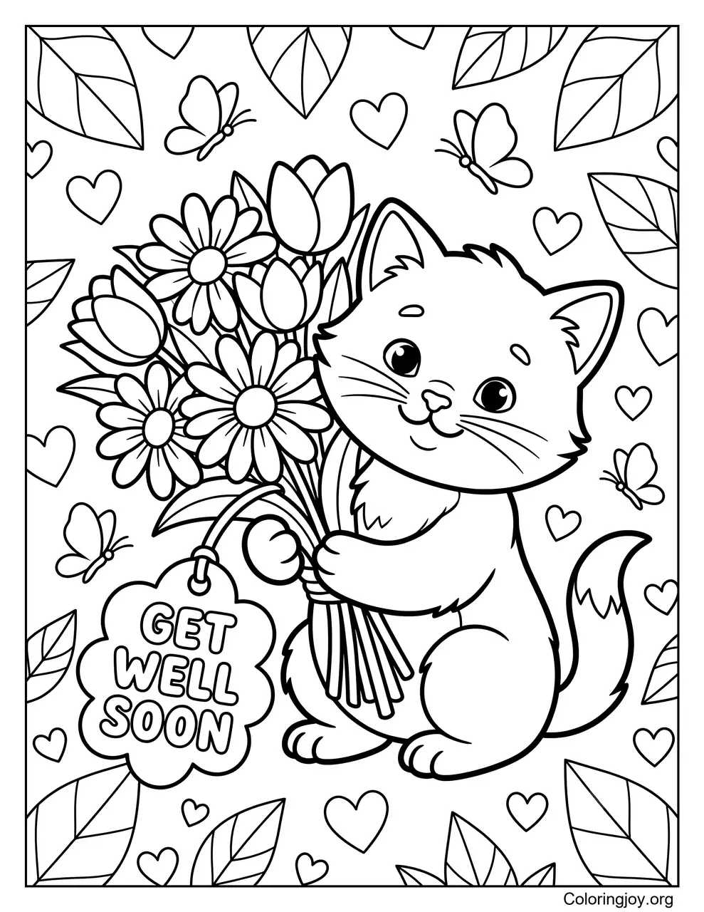 Gatito sosteniendo flores, que te mejores pronto
