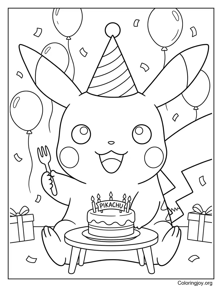Pikachu Fiesta de cumpleaños página para colorear