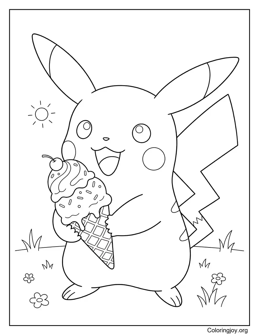 Pikachu Comiendo Helado página para colorear