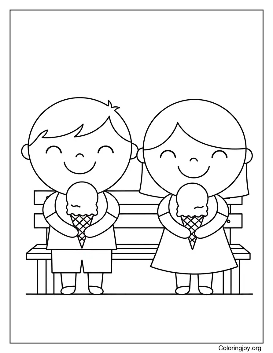 Kids Enjoying Ice Cream At The Park coloring page