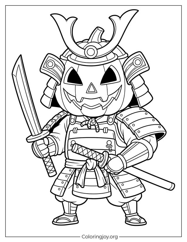 Hoja para colorear de Samurai con máscara de calabaza