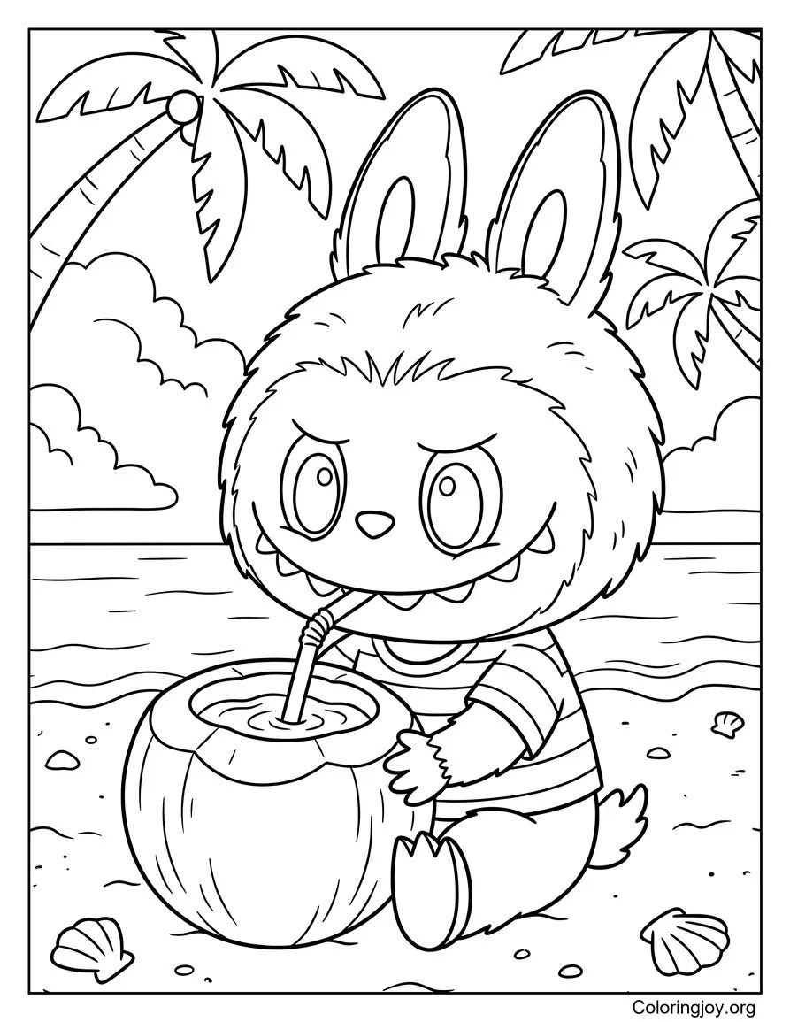 Beber agua de coco con pajita Labubu-Hoja para colorear inspirada página para colorear