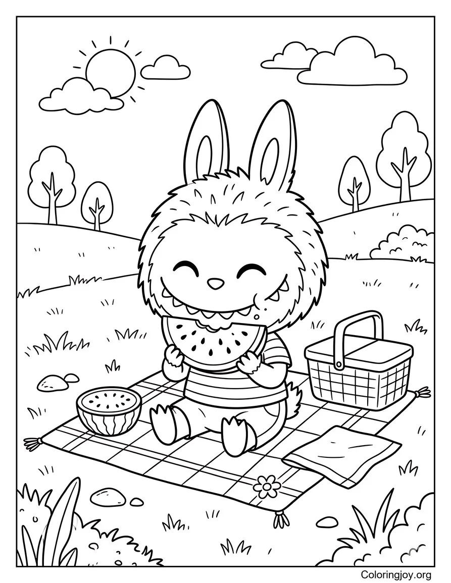 Comiendo sandía en una alfombra de picnic Labubu:inspirada página para colorear