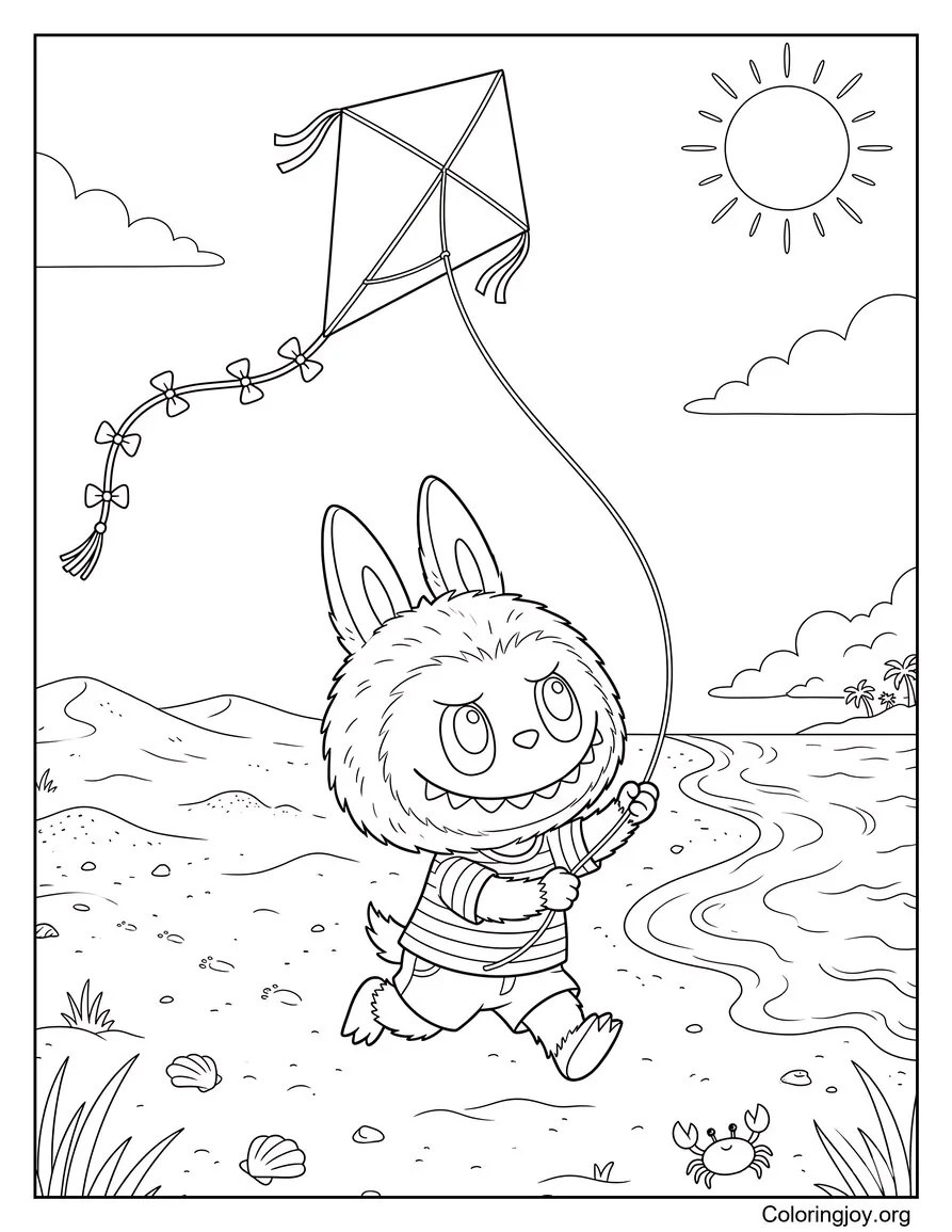 Volar una cometa en Sunny Beach Hoja para colorear inspirada en Labubu página para colorear
