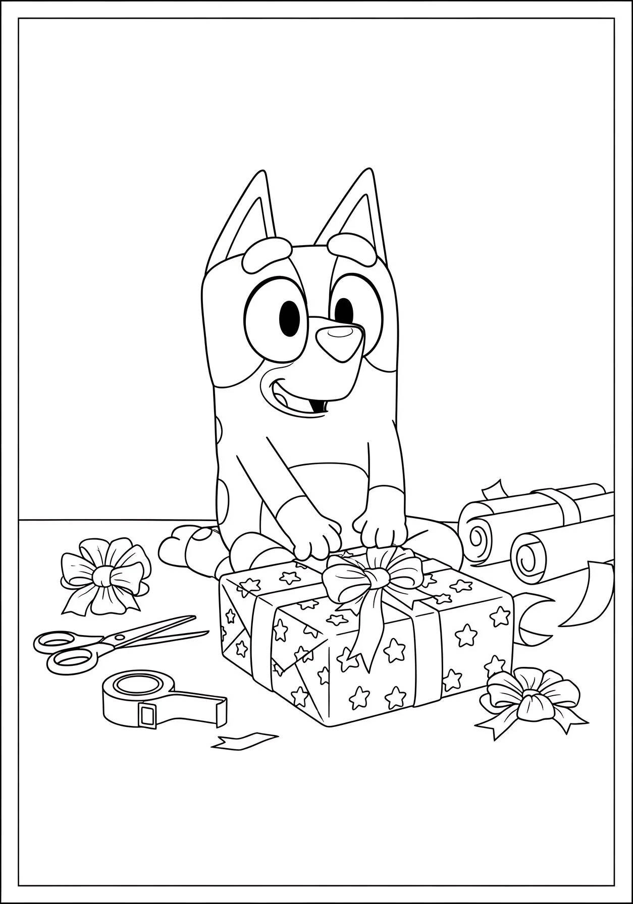 Bluey Wrapping Present with Ribbons
