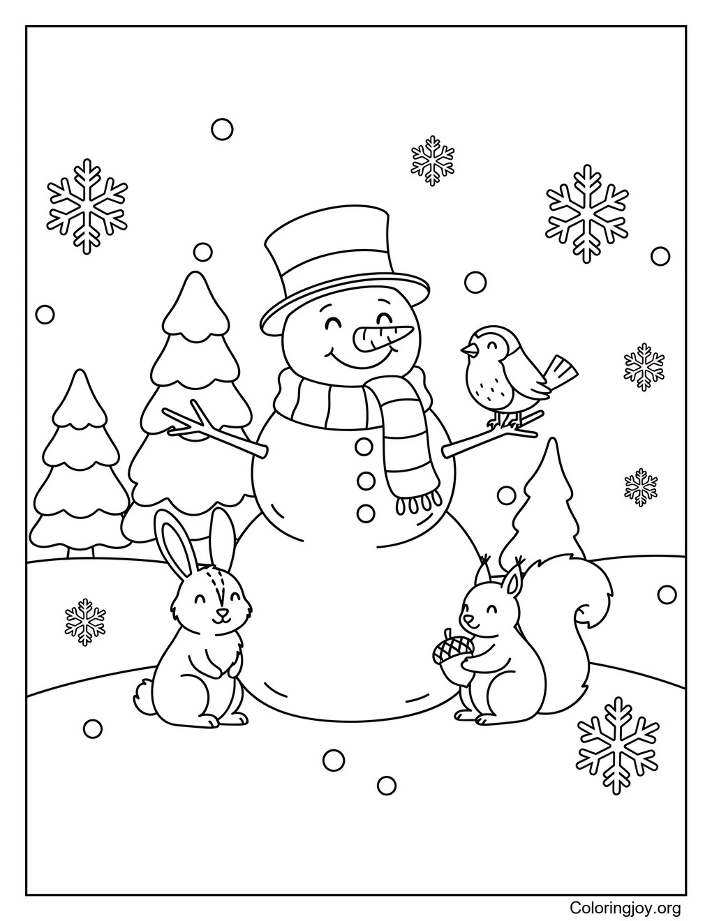 Snowman and Friends,Color a snowman enjoying time with animals.