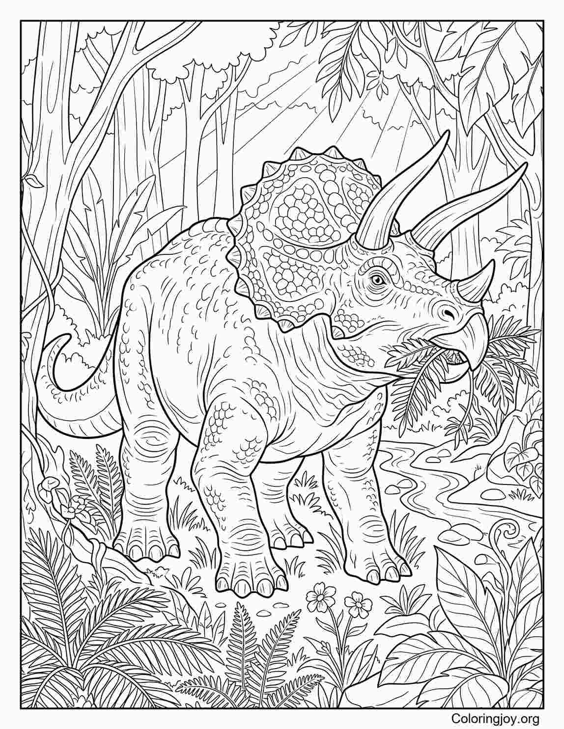 Triceratops Eating Plants in Forest Coloring Sheet
