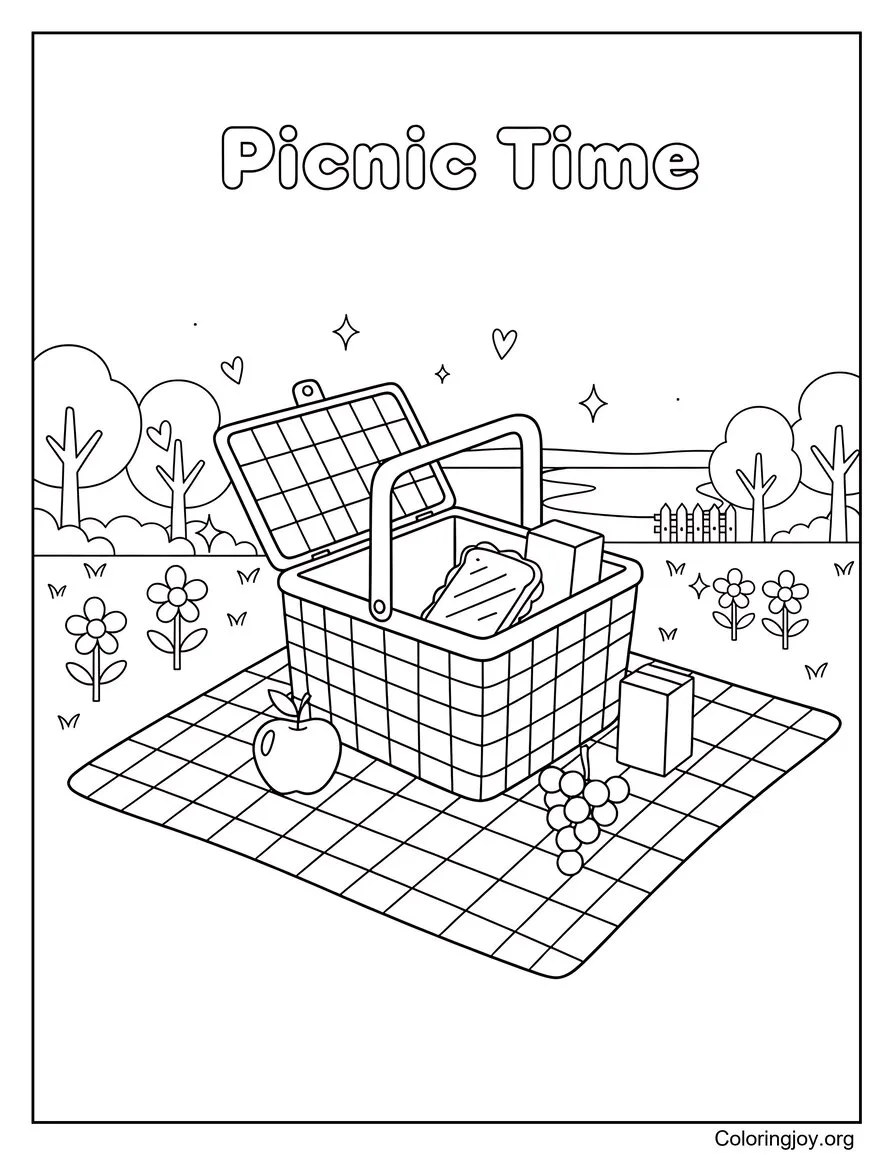 Foglio da colorare estivo per la famiglia Picnic Time facile stampabile disegno da colorare