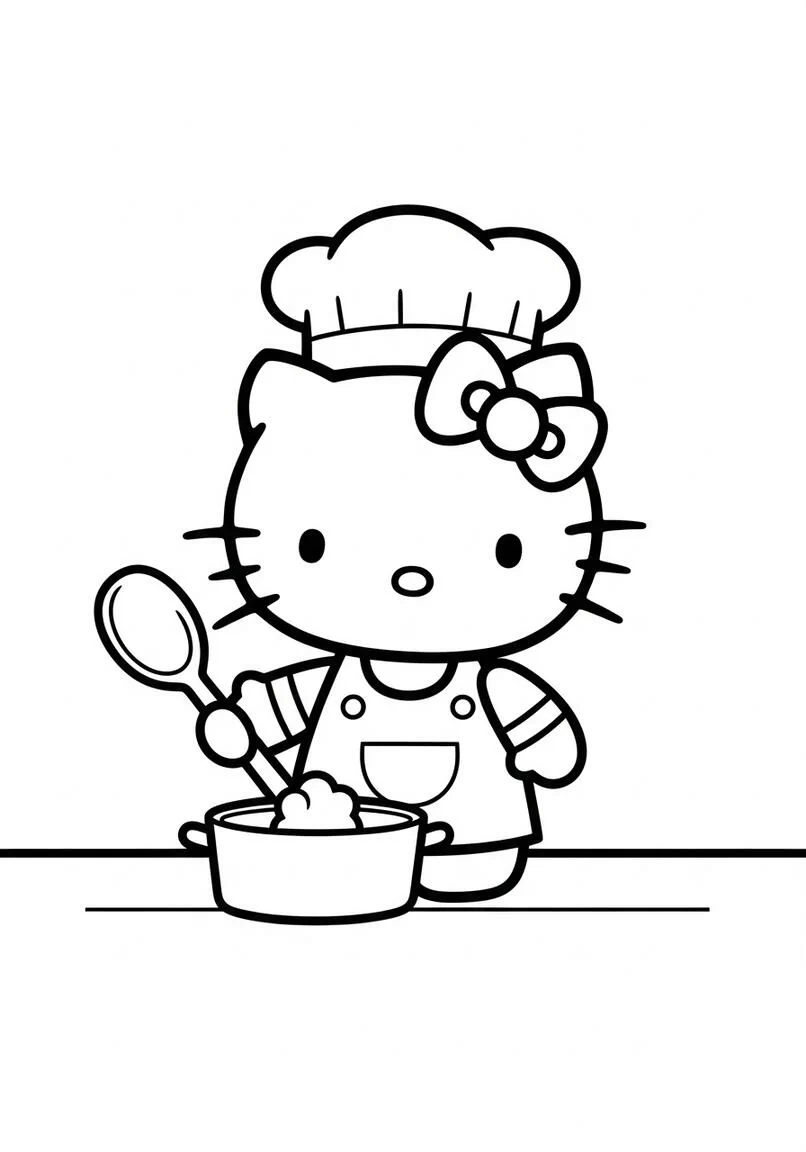 Alegre Hello Kitty Chef en la cocina Página para colorear