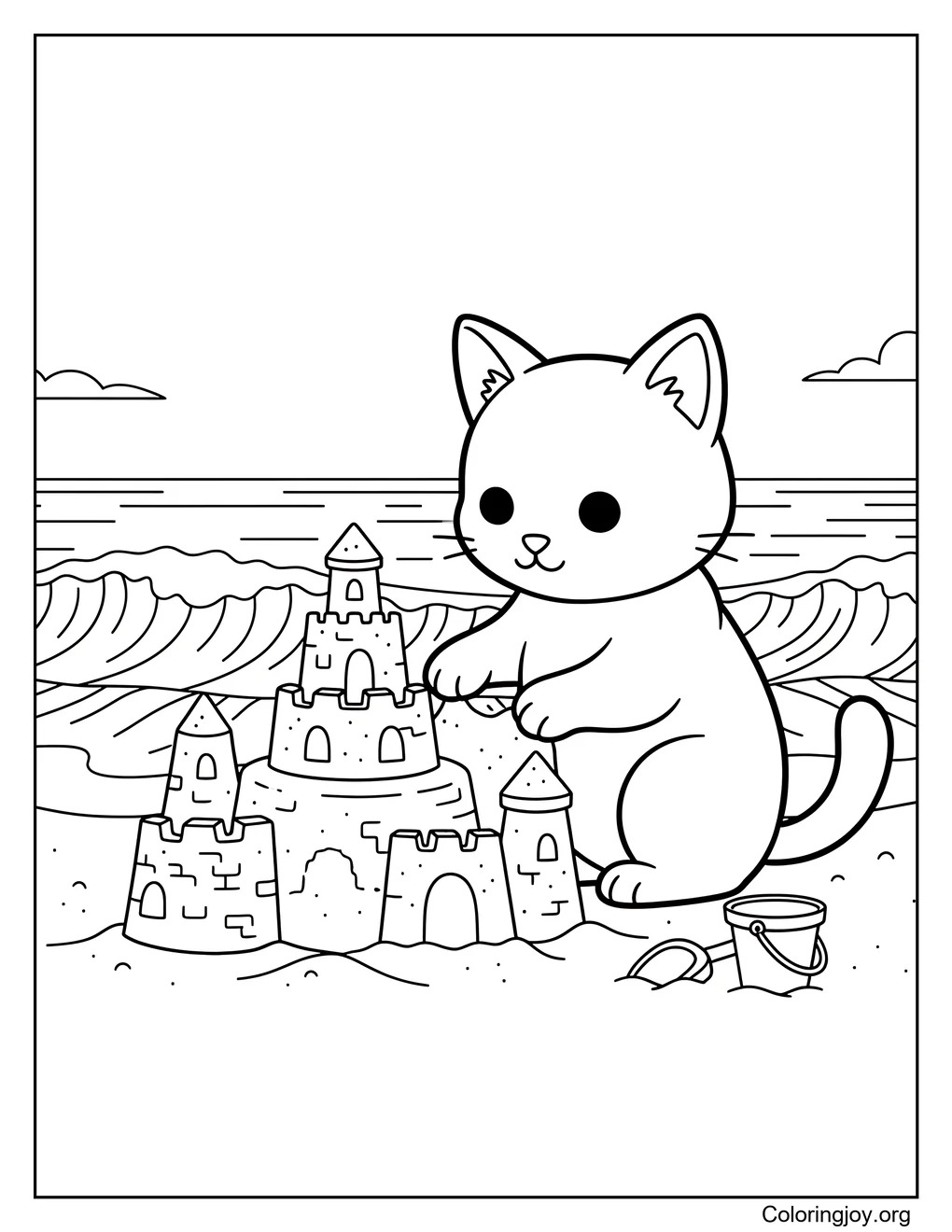 At the beach, this cat builds a sandcastle with care.