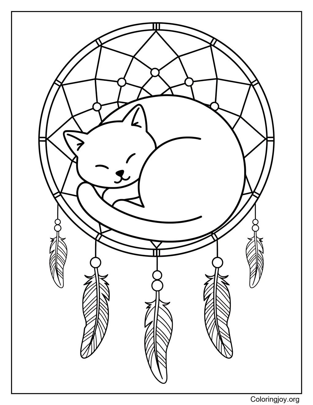 Dreaming peacefully, this cat sleeps inside a flowing dreamcatcher.