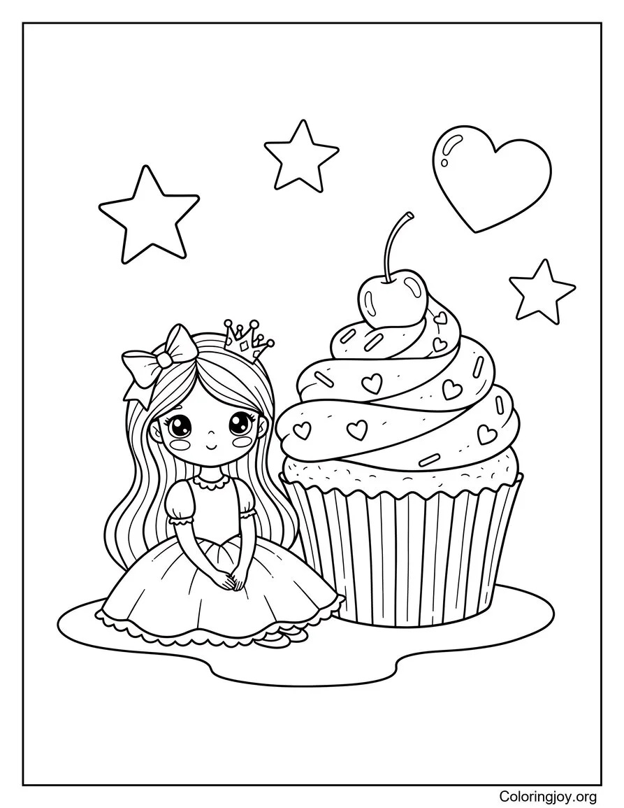 Placez une princesse à côté d'un cupcake décoratif surdimensionné.