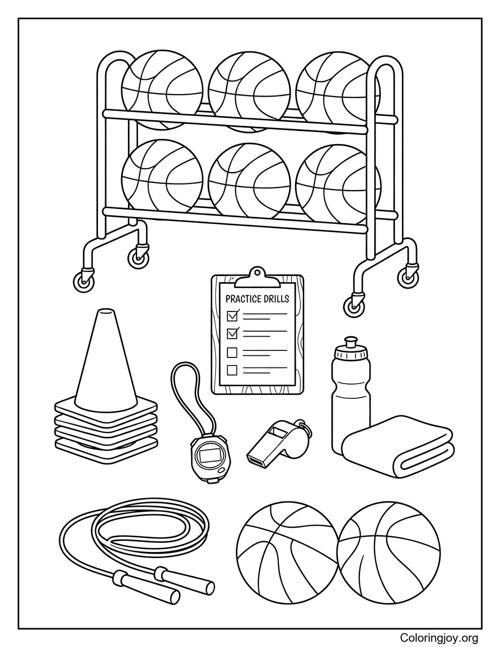 Basketball training equipment includes cones whistles stopwatches and water bottles.