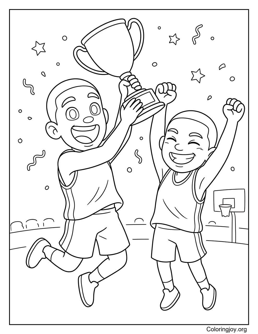 Players celebrate a championship win with confetti and a trophy.