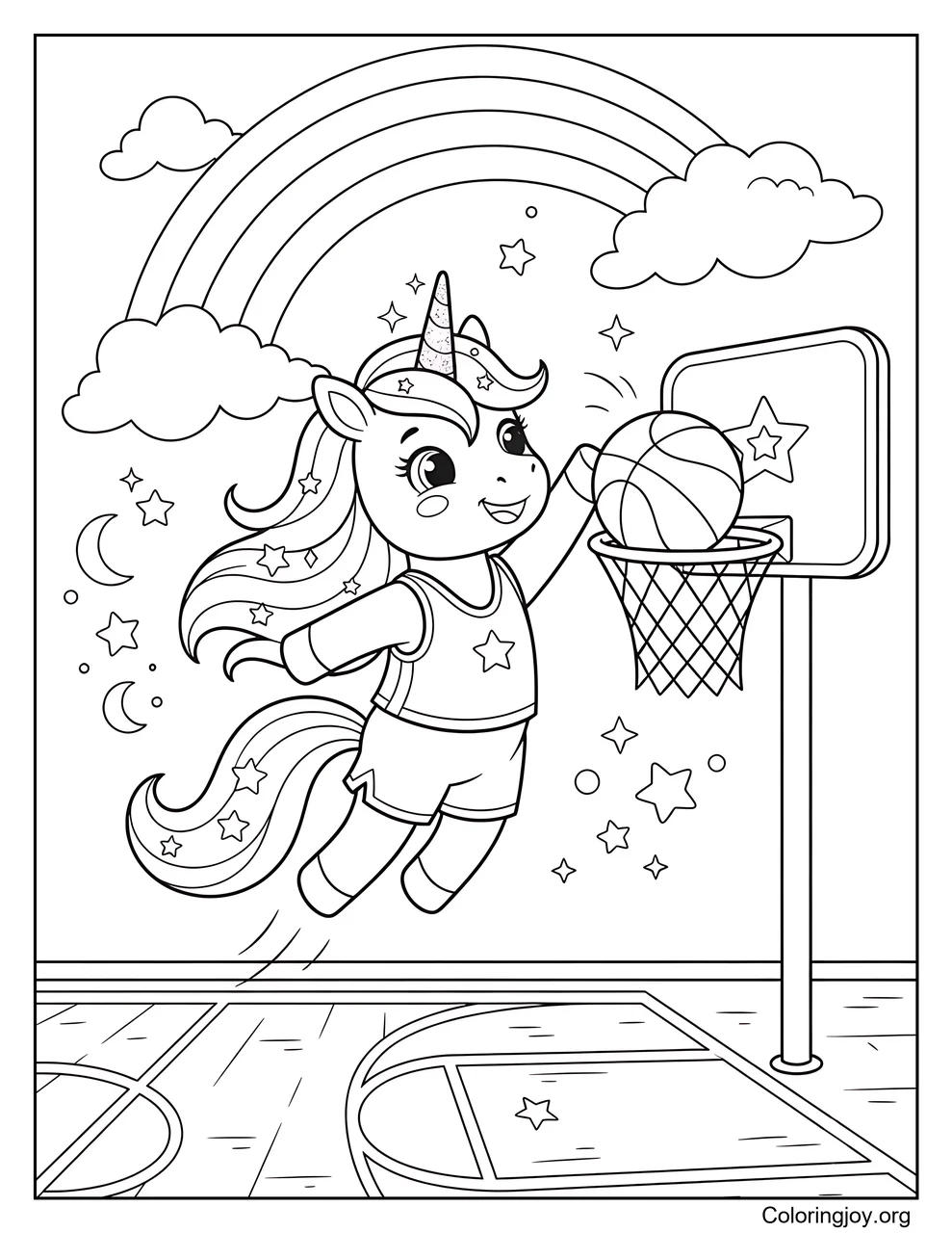 A magical unicorn scores a basket.