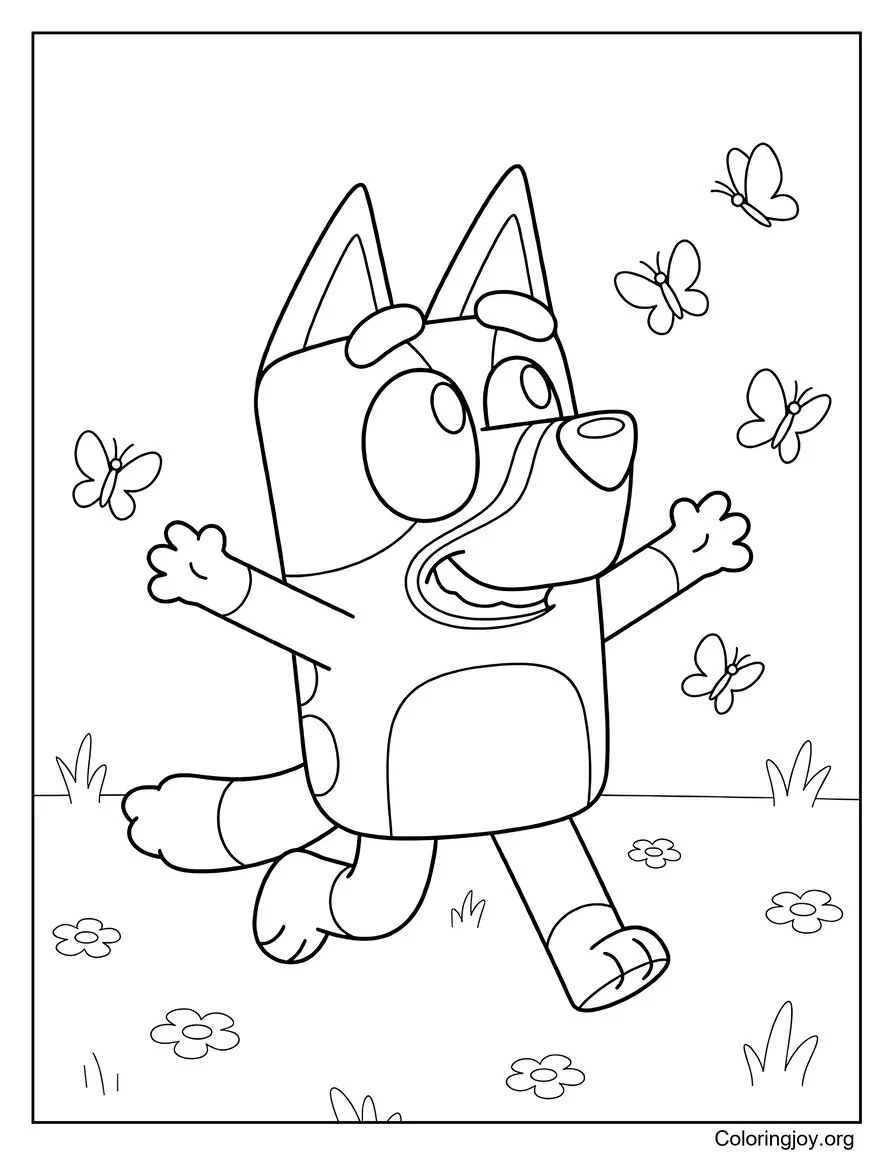 Bluey Página para colorear de persecución de mariposas de primavera