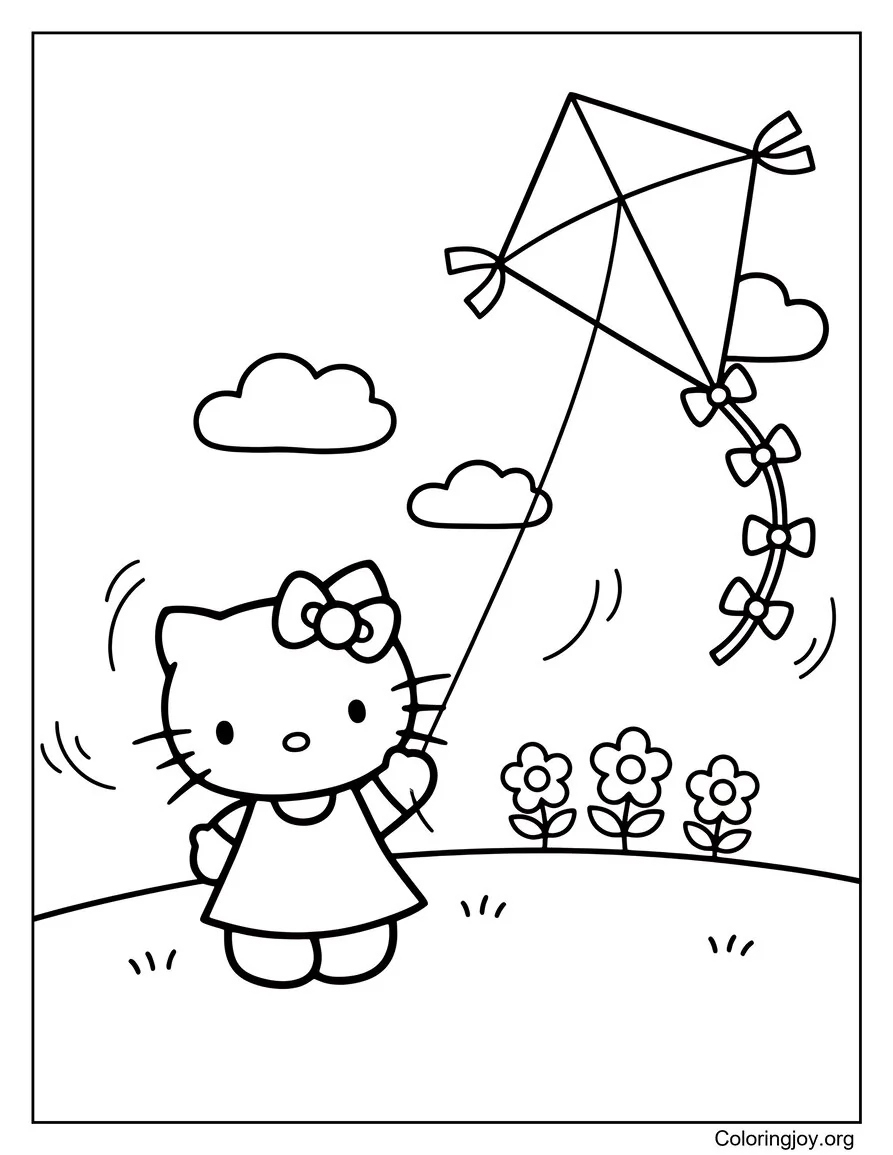 Volar una cometa con Hello Kitty en un día de primavera página para colorear