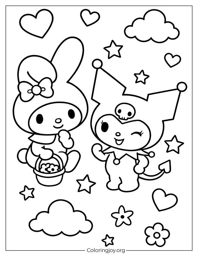 My Melody sitzt süß da, während Kuromi verspielt zwinkert, umgeben von Herzen, Wolken und Sternen in einer verträumten Kawaii-Szene.