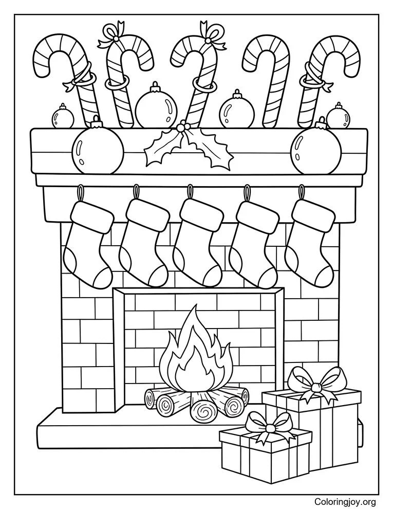 Dibujo para colorear Chimenea navideña con bastones de caramelo