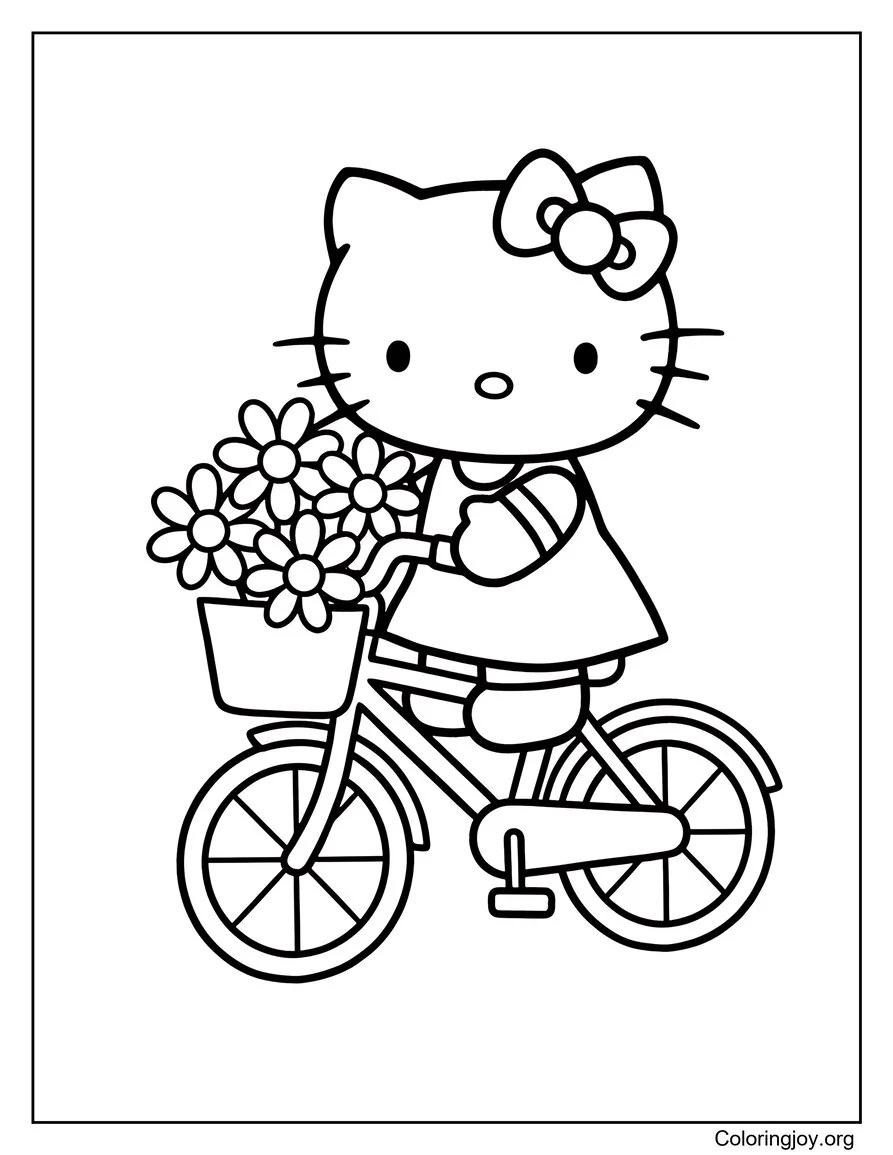 Paseo en bicicleta de primavera con Hello Kitty página para colorear