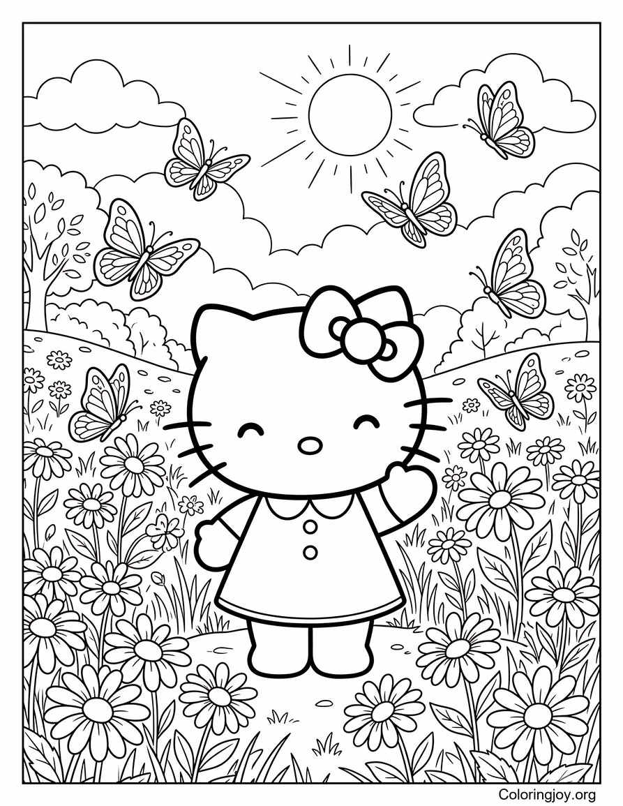 Campo de margaritas con mariposas y Hello Kitty página para colorear
