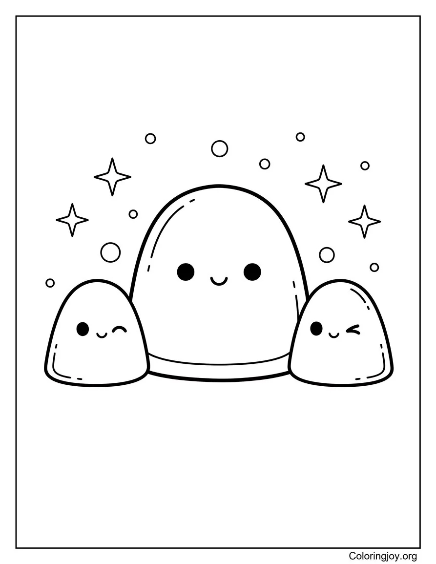 Hoja para colorear Kawaii Gumdrops con caritas felices y destellos página para colorear