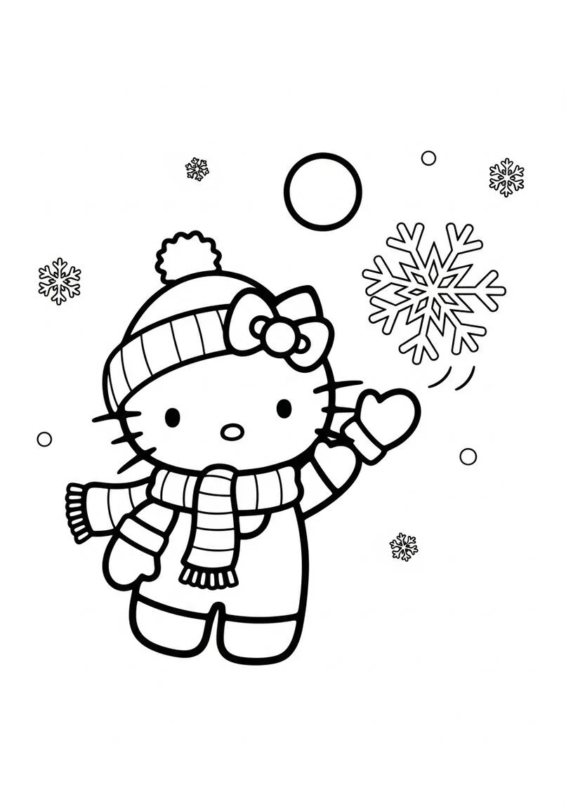 Hello Kitty Página para colorear de copos de nieve divertidos de invierno