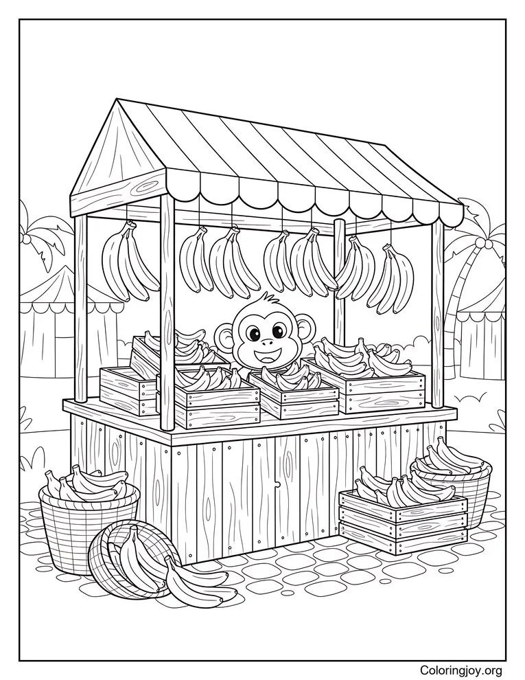 Dibujo de Puesto de Mono en el Mercado de Plátanos para colorear página para colorear