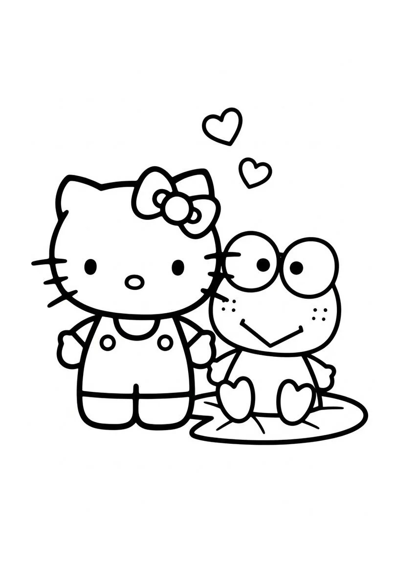 Página para colorear de la amistad de Hello Kitty y Keroppi