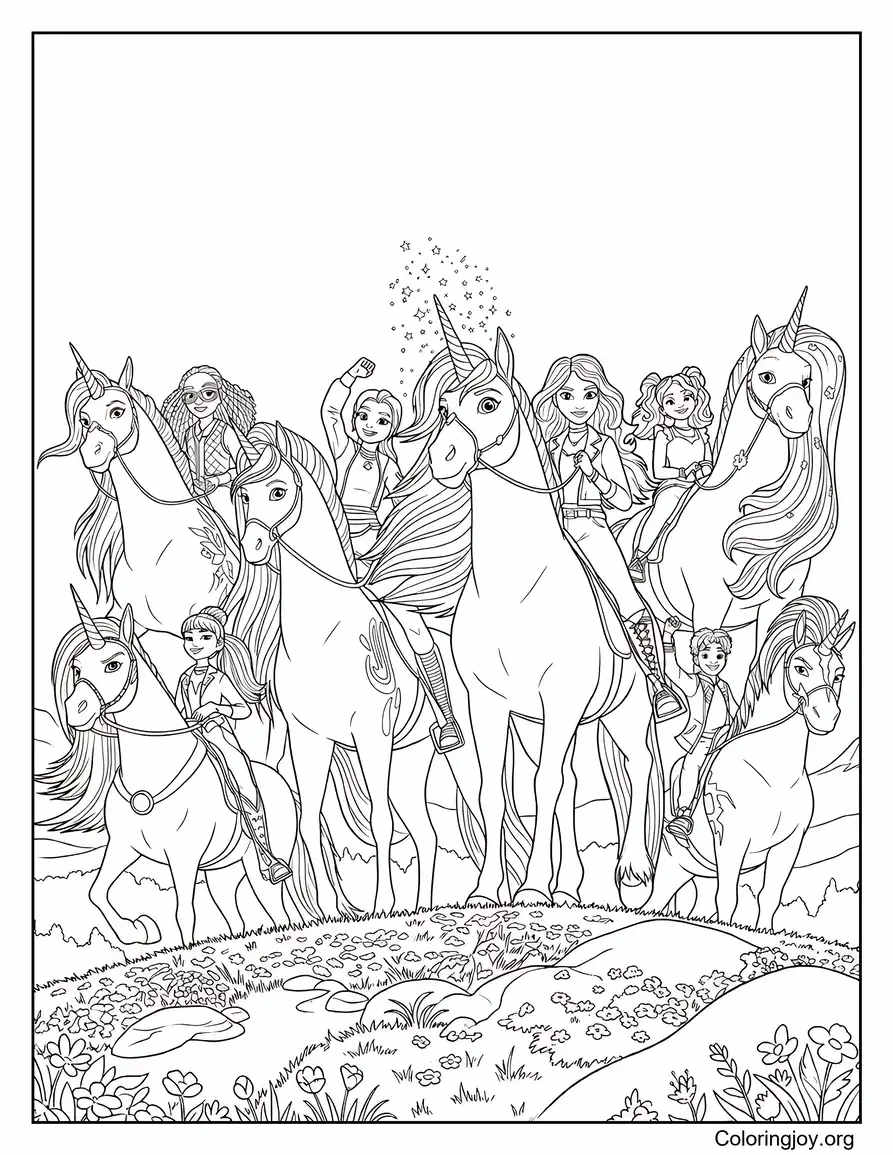 Unicorn Academy Riders and Unicorn página para colorear