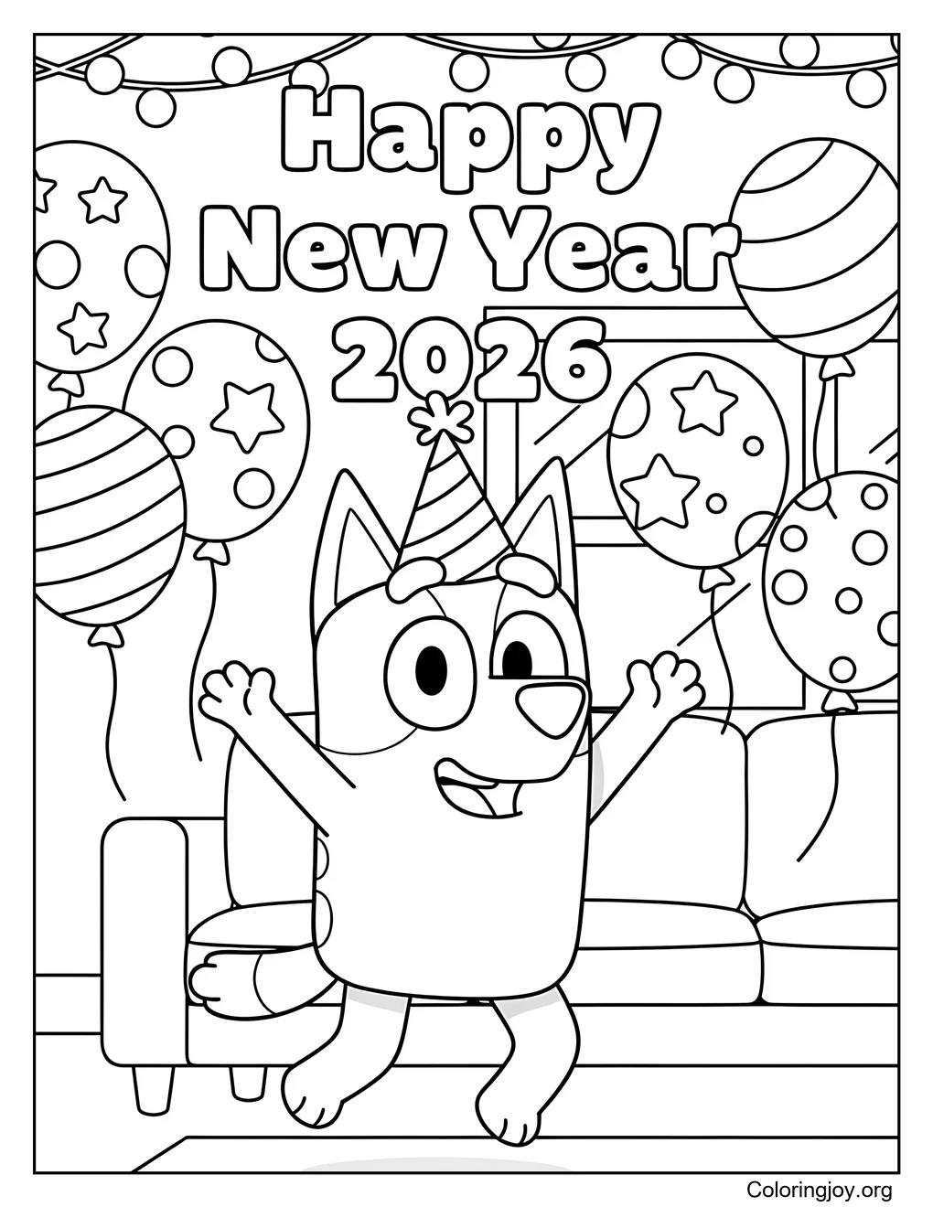of Bluey New Year coloring page
