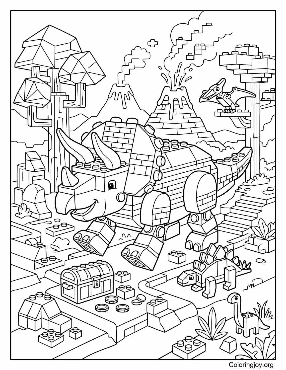 Lego-Inspired Triceratops Adventure Coloring Page for Kids