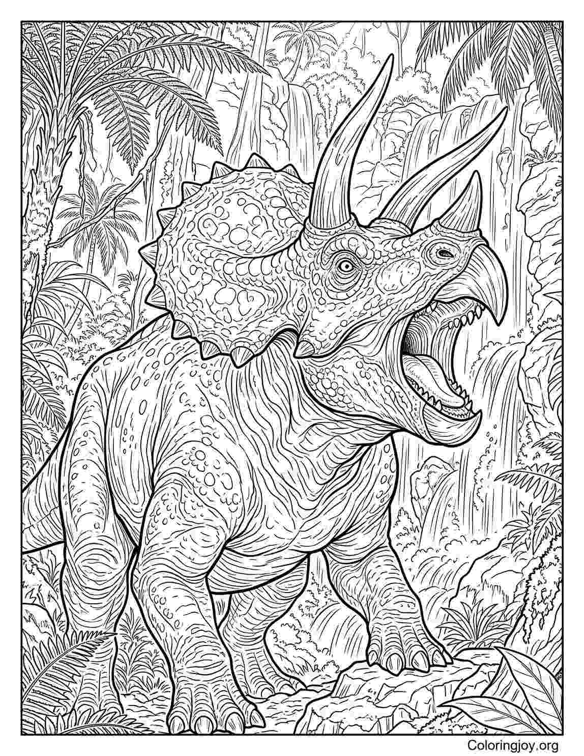Realistic Triceratops Roaring in Jungle Coloring Page