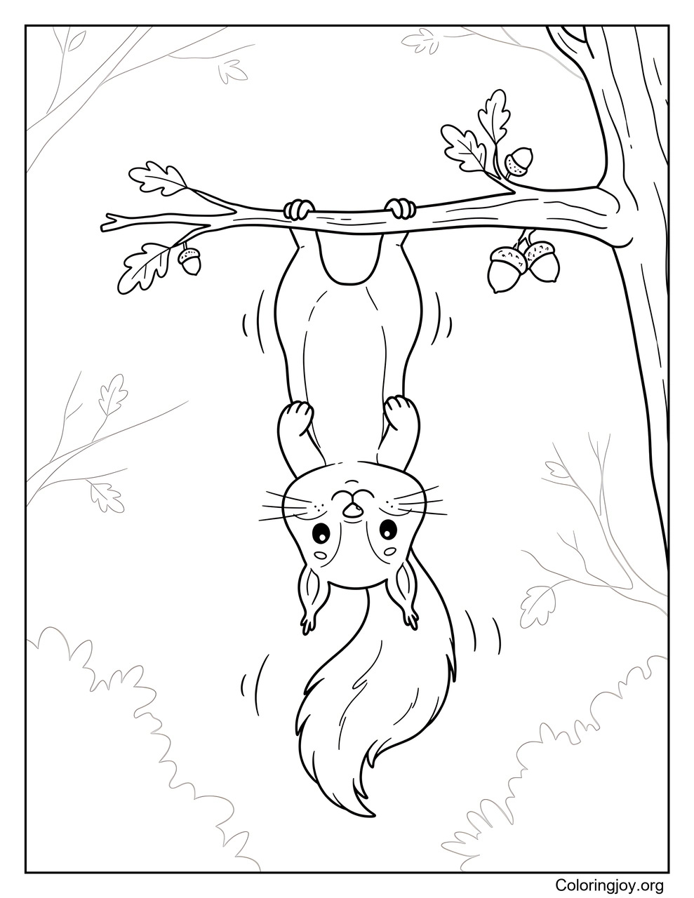 Squirrel Hanging Upside Down from a Branch coloring page