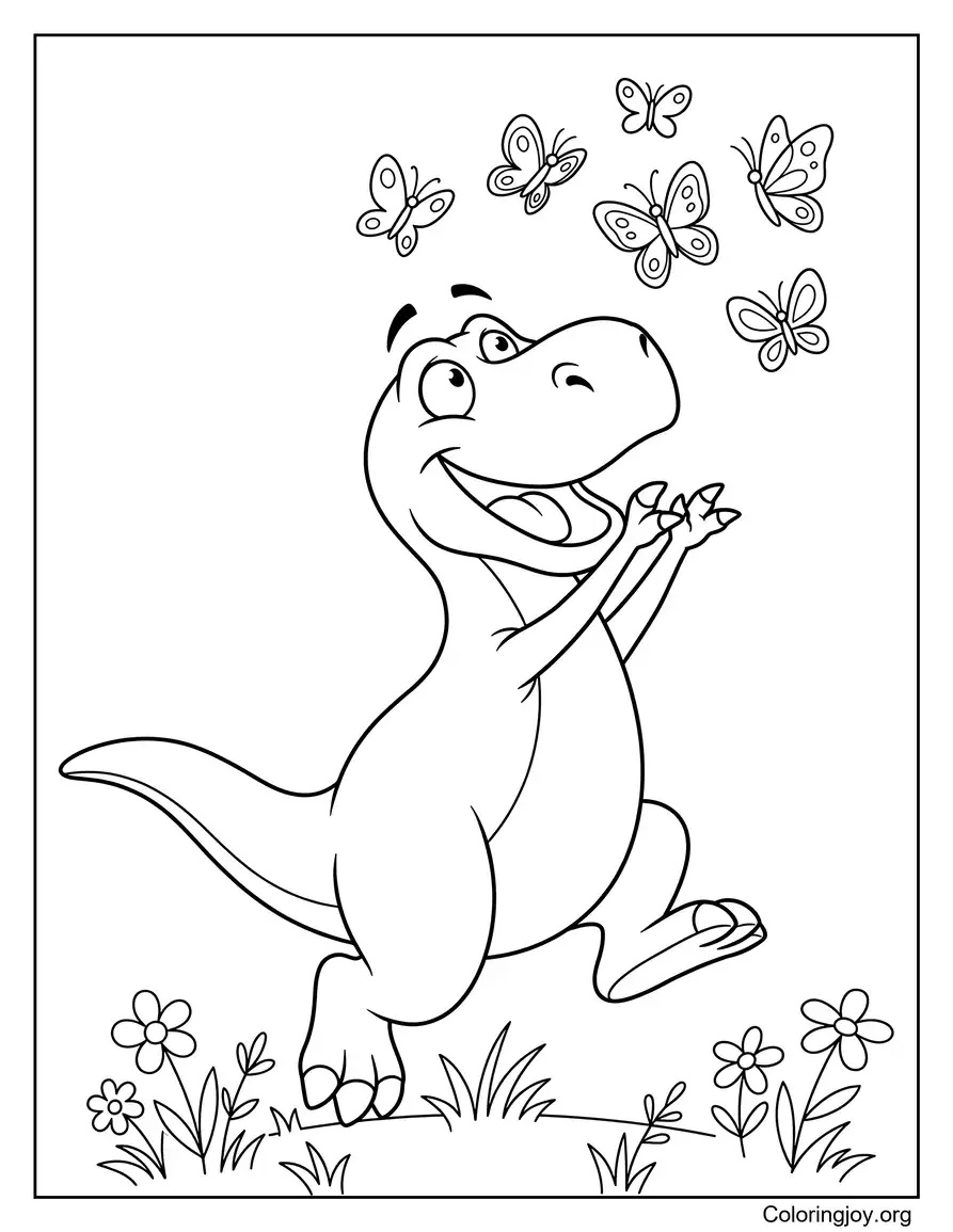 Butterfly Chase Cute Dinosaur Coloring Sheet coloring page