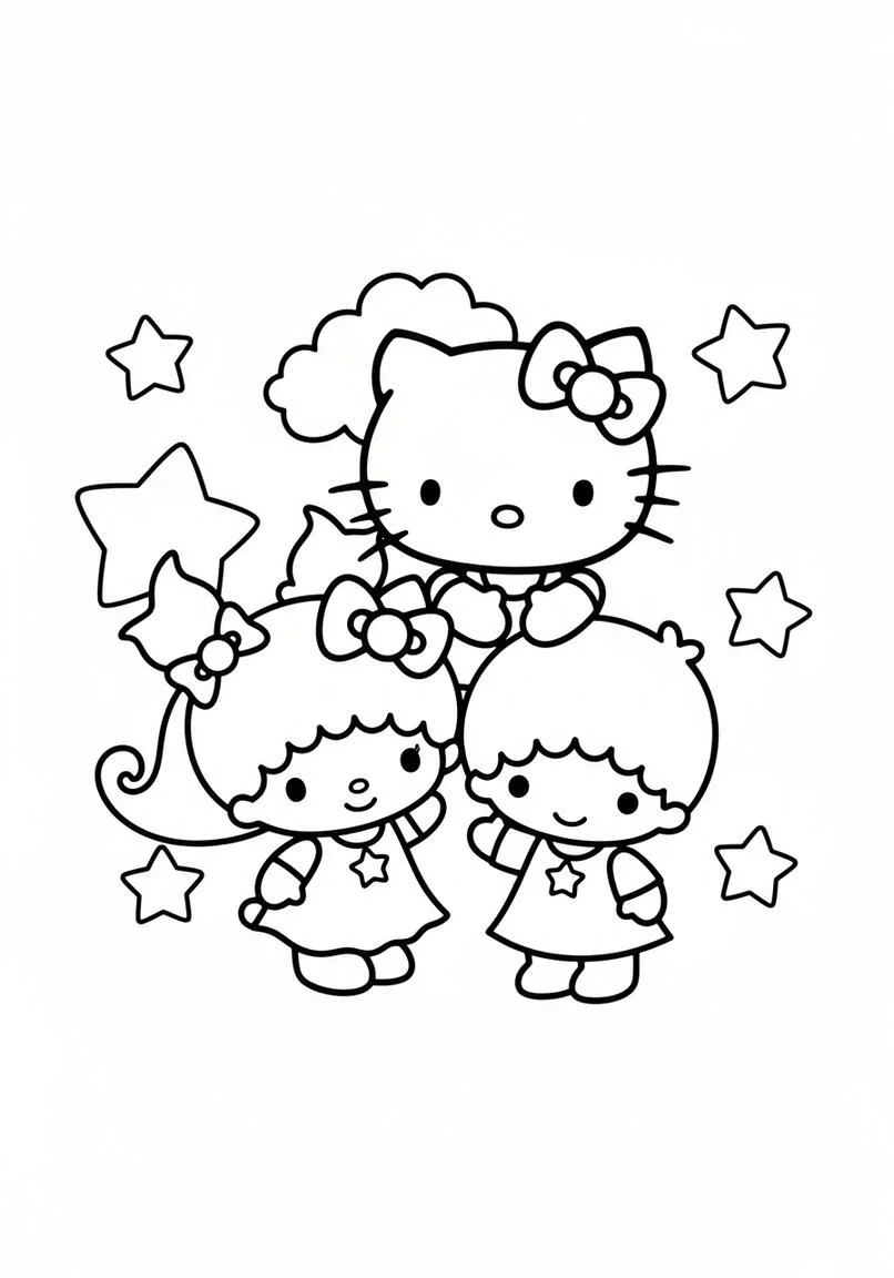 Hello Kitty y Little Twin Stars Kiki Lala Pose amigable Página para colorear