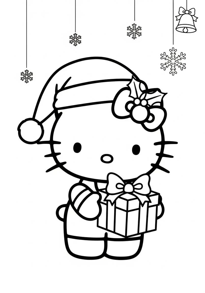 Hello Kitty Página para colorear con gorro navideño de Papá Noel