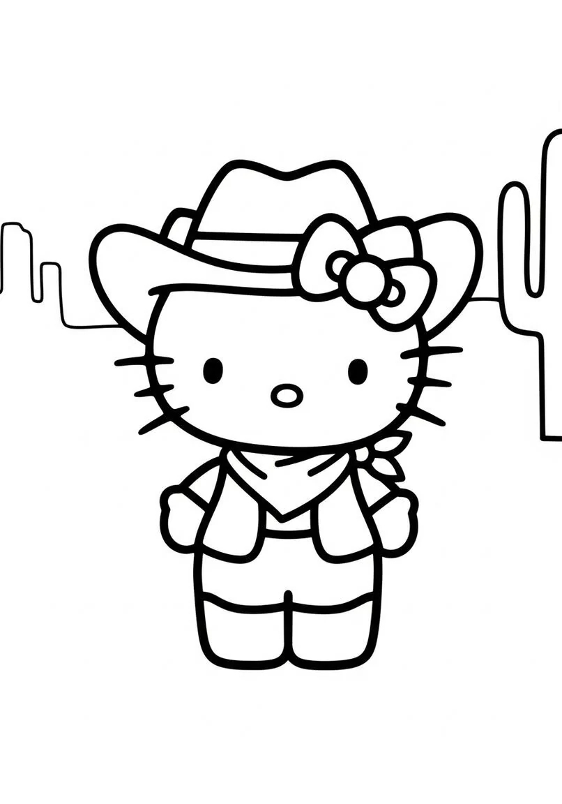 Hello Kitty Página para colorear de arte lineal simple de vaquero