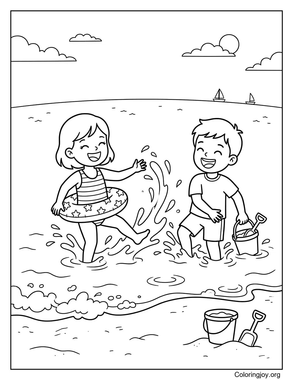 Summer Beach Splash Kids coloring page