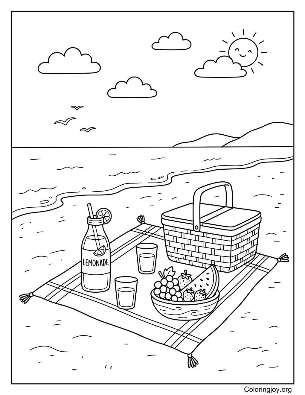 Sweet Beach Picnic Fun Summer Coloring Sheet coloring page