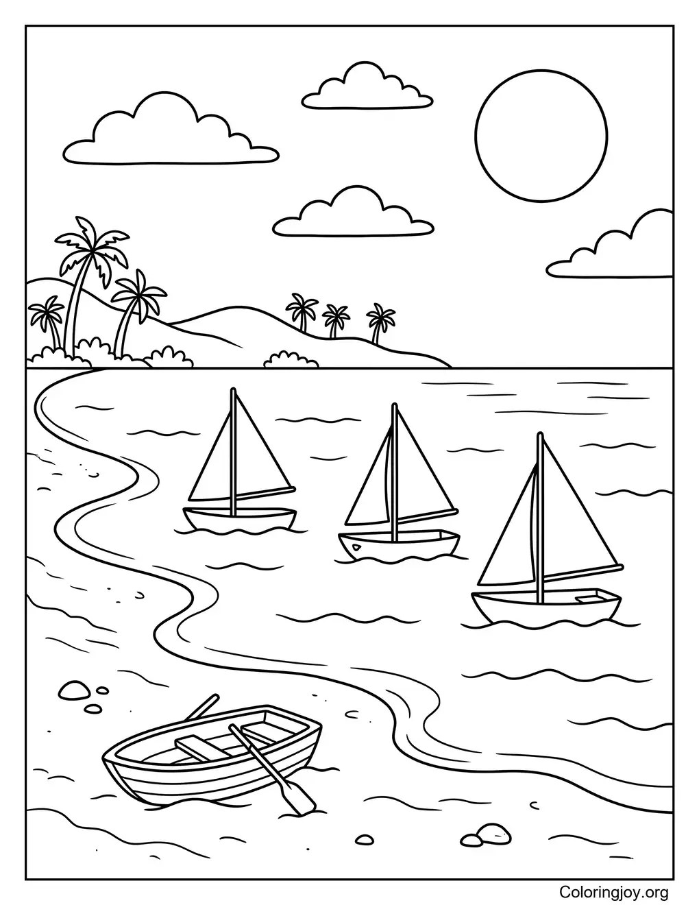Tiny Beach Boats Ocean Adventure coloring page