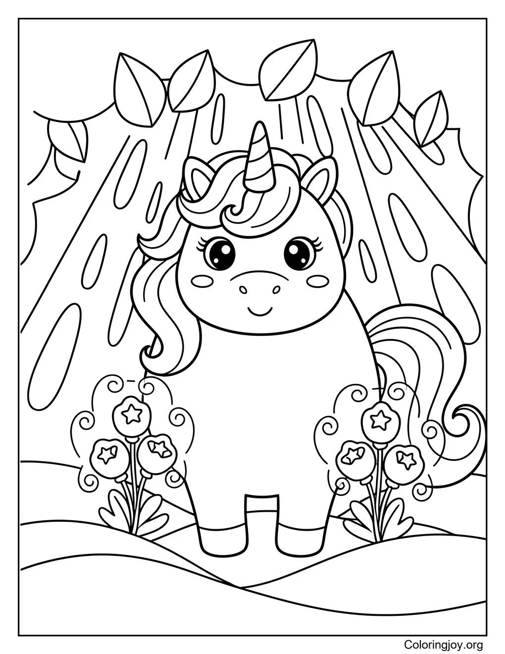 Bébé licorne sautant sur un champignon joyeux.