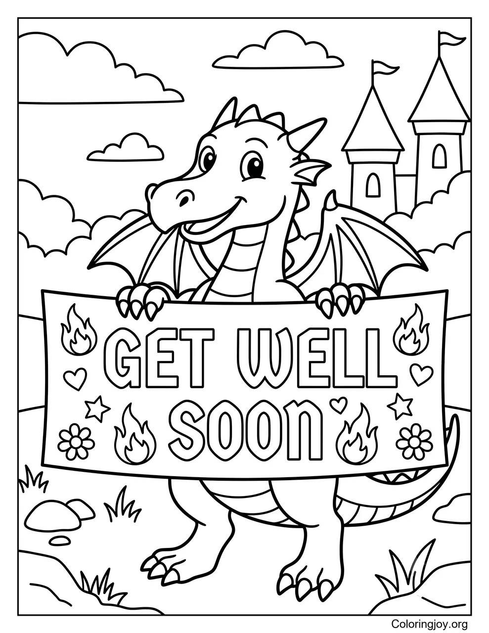 Dragón sosteniendo un cartel de "Que te mejores pronto"