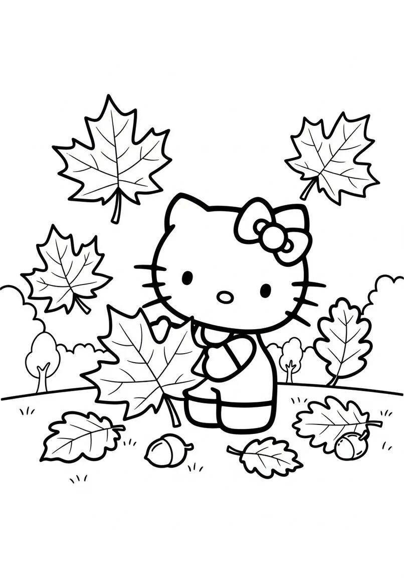 Hello Kitty Hojas de otoño Página para colorear divertida de otoño