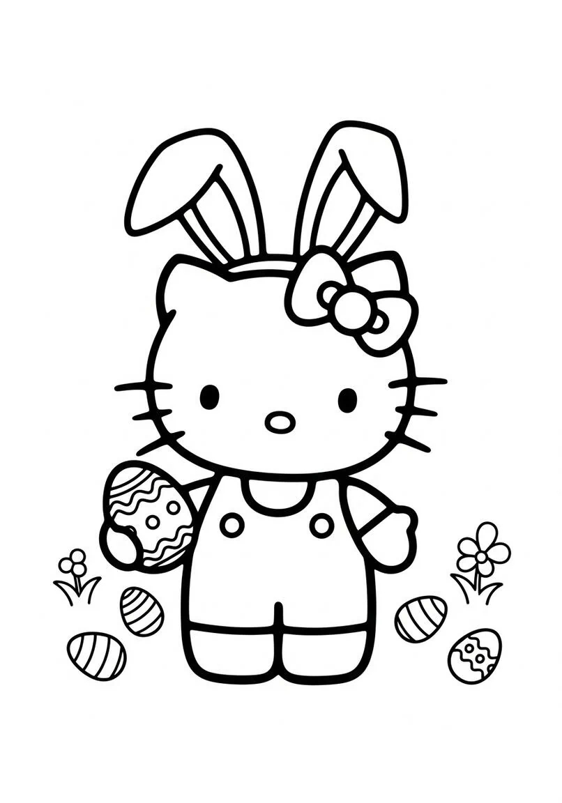 Hello Kitty Página para colorear de Conejo de Pascua con Huevo