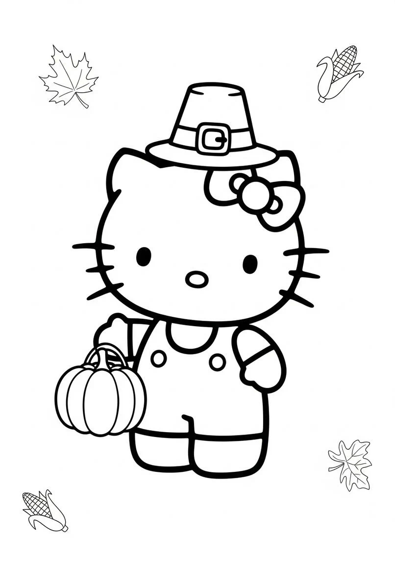 Hello Kitty Página para colorear de Acción de Gracias con calabaza y sombrero de peregrino