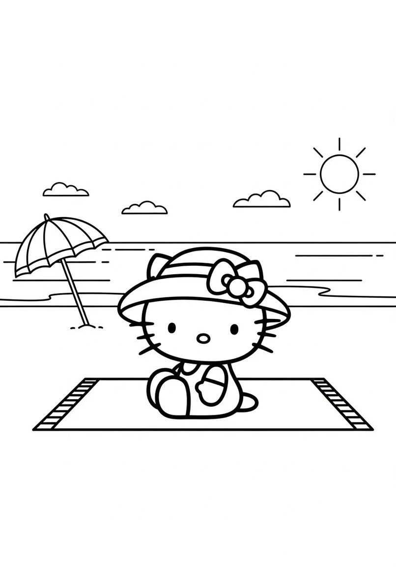 Hello Kitty Página para colorear de escena de playa de verano