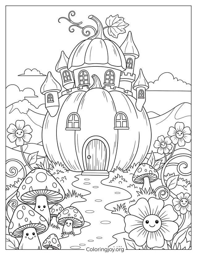 Hoja para colorear del castillo de hadas de calabaza página para colorear