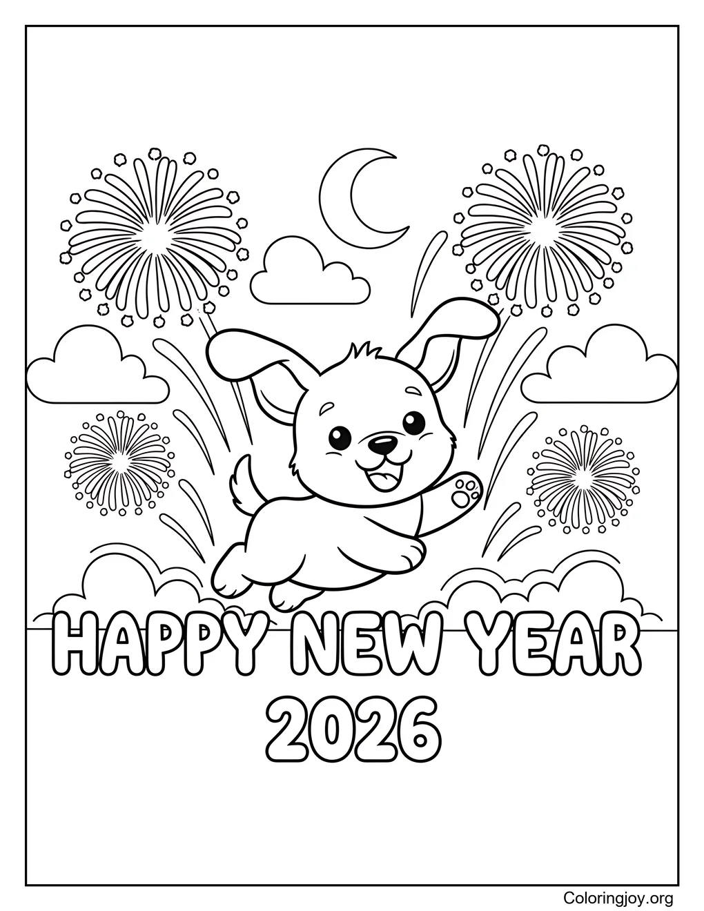 Happy New Year 2026 dog coloring coloring page
