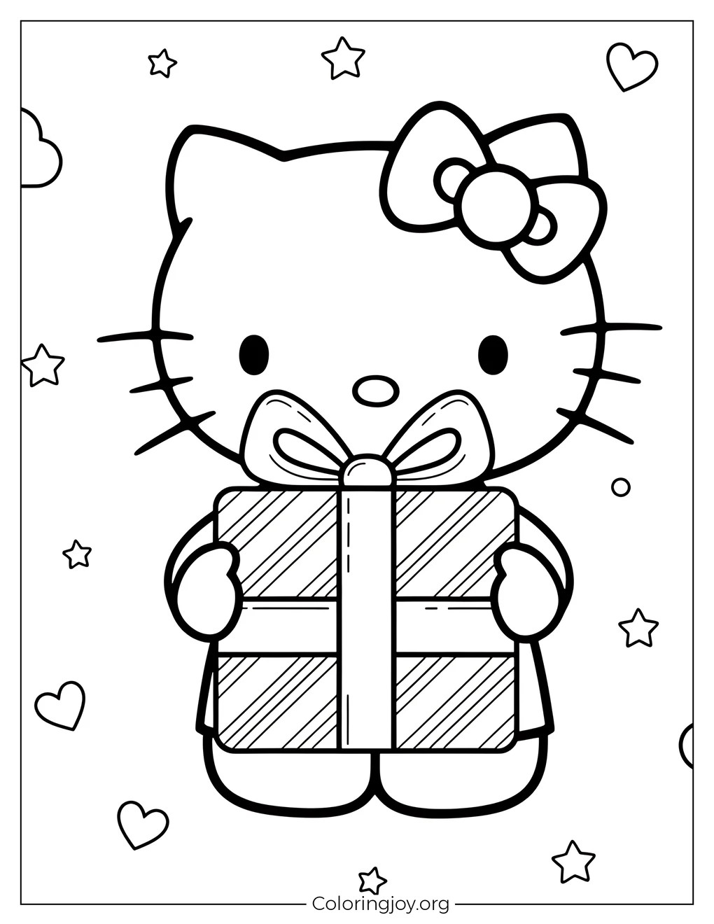 Hello Kitty Sosteniendo un regalo envuelto página para colorear
